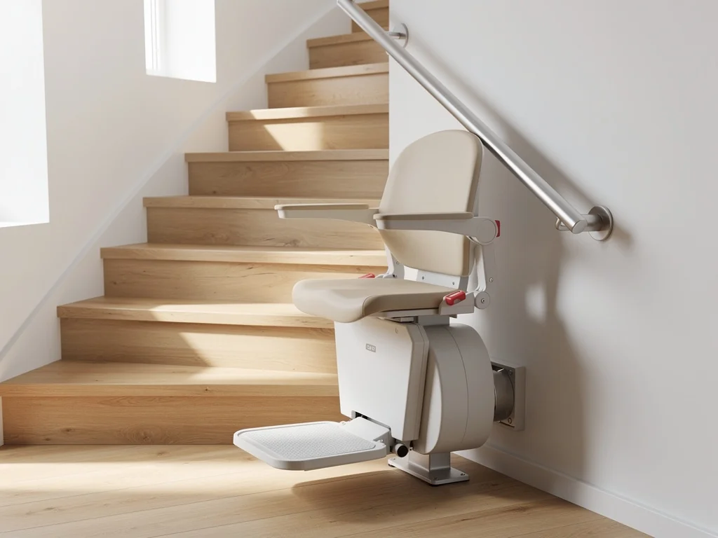 Siège de monte-escalier droit fixé le long d'un escalier en bois clair